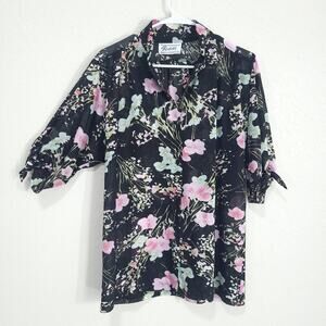Teddi of California Vintage Blouse Womens Size L XL Black Pink Casual Sheer